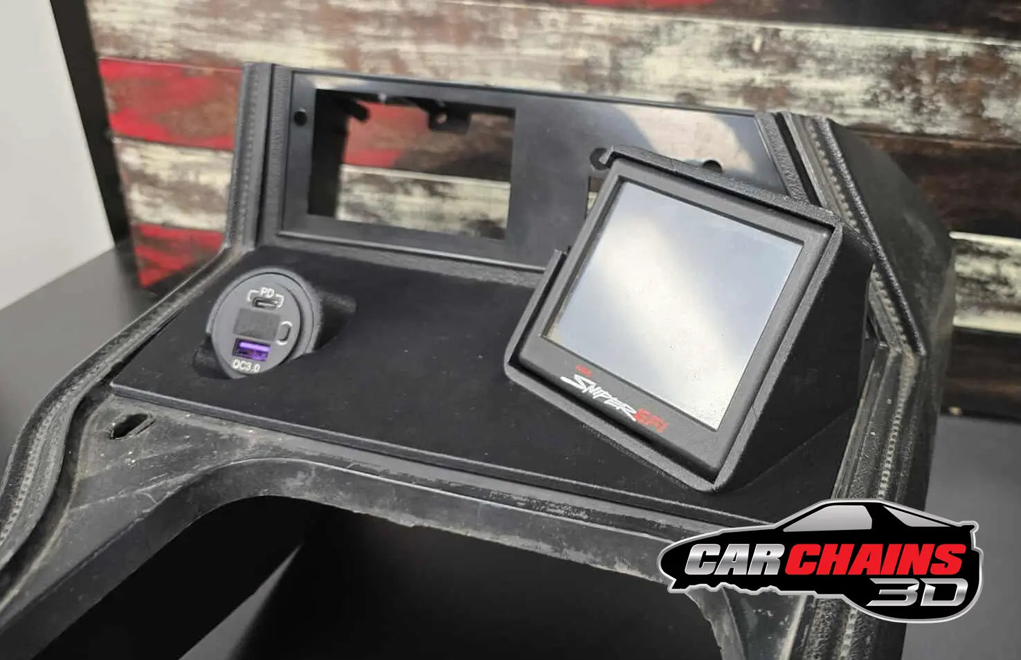 3D-printed ABS center console for 1979-1986 Ford Mustang Fox Body with Holley EFI 3.5-inch Terminator X Sniper screen mount and integrated phone charger.