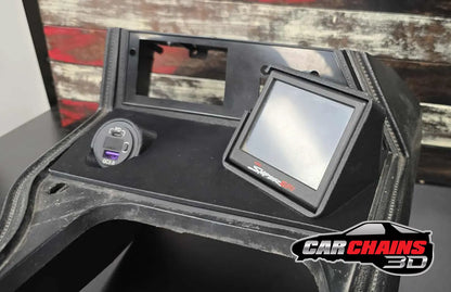 3D-printed ABS center console for 1979-1986 Ford Mustang Fox Body with Holley EFI 3.5-inch Terminator X Sniper screen mount and integrated phone charger.