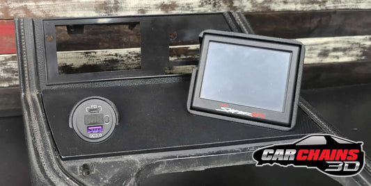 3D-printed ABS center console for 1979-1986 Ford Mustang Fox Body with Holley EFI 3.5-inch Terminator X Sniper screen mount and integrated phone charger.