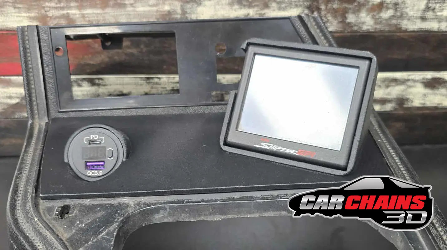 3D-printed ABS center console for 1979-1986 Ford Mustang Fox Body with Holley EFI 3.5-inch Terminator X Sniper screen mount and integrated phone charger.