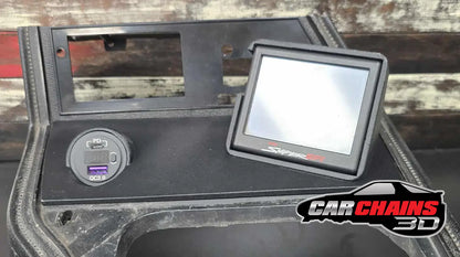 3D-printed ABS center console for 1979-1986 Ford Mustang Fox Body with Holley EFI 3.5-inch Terminator X Sniper screen mount and integrated phone charger.