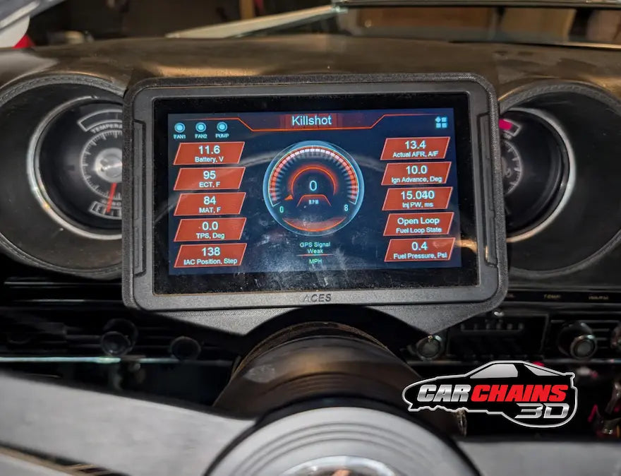 CarChains3d presents the 3D Printed Aces EFI 7 Inch Column Mount, a custom solution designed to provide optimal viewing of your engine data. This mount is crafted to work with any round column, offering a sleek and functional setup for your Aces EFI 7 inch screen.