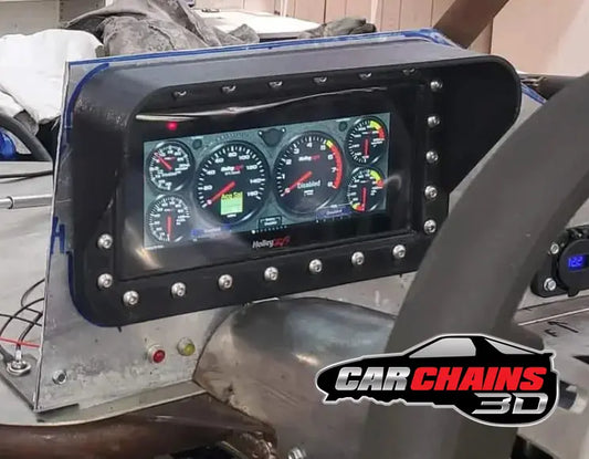 CarChains3d presents the 3D Printed Holley EFI 6.86 Pro Dash Water Resistant Mounts, designed to provide superior protection for your Pro Dash while maintaining full touch screen functionality. This robust container shields your screen from water, dirt, mud, and rocks, ensuring reliable performance even in harsh conditions.